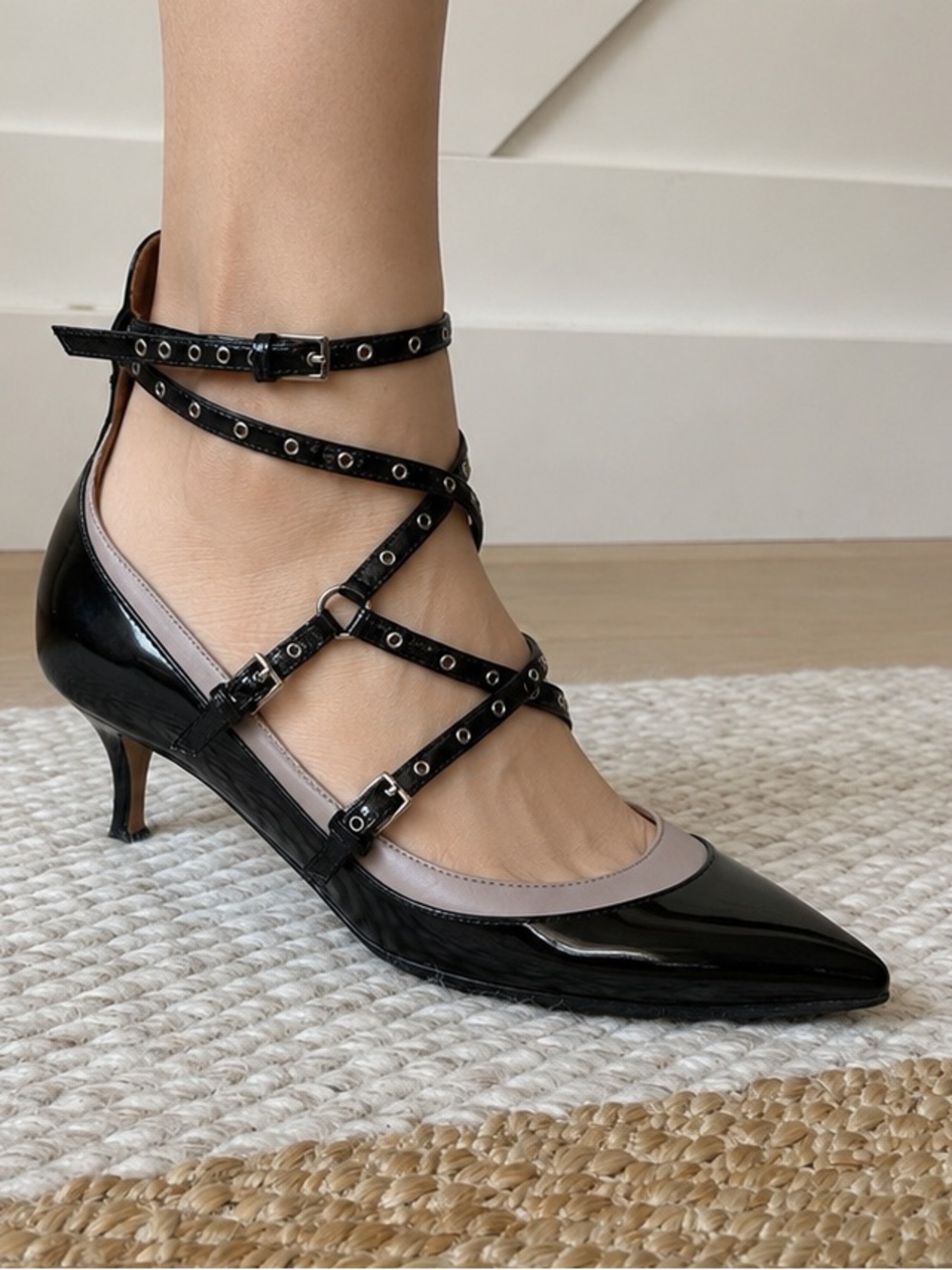 Valentino Strappy Pointed Patent Kitten Heels in Black and Taupe - Picture 1 of 6